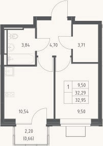 Планировка: 1-к, 32,3 м²