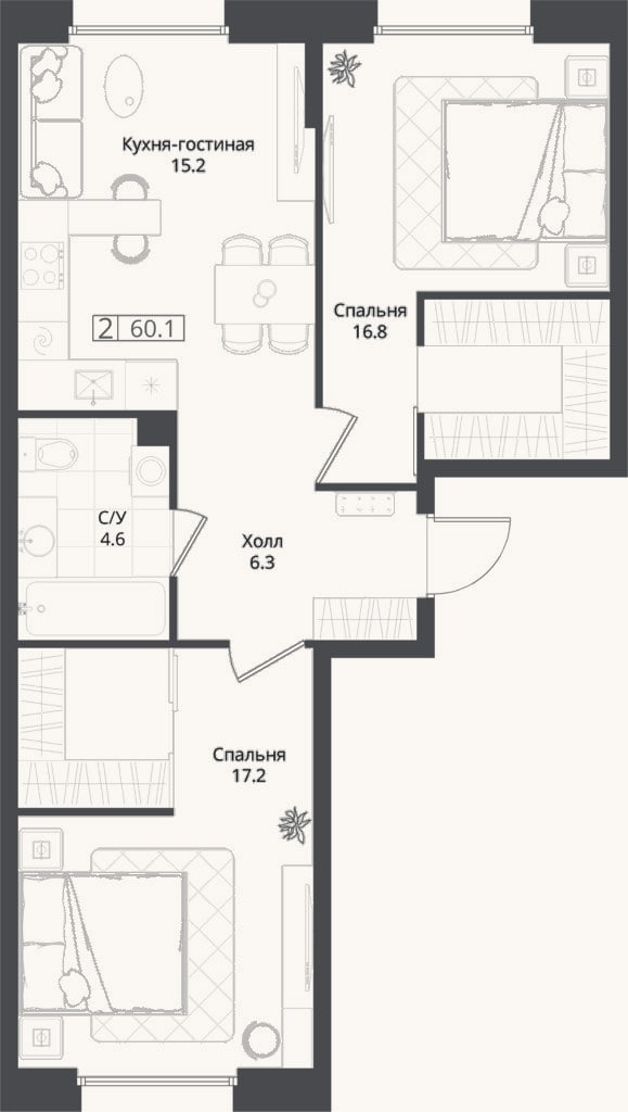 Планировка: 2-к, 60,1 м²