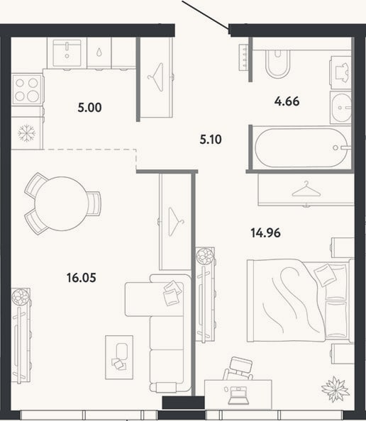 Планировка: 1-к, 44,1 м²