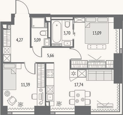 Планировка: 3-к, 58,9 м²