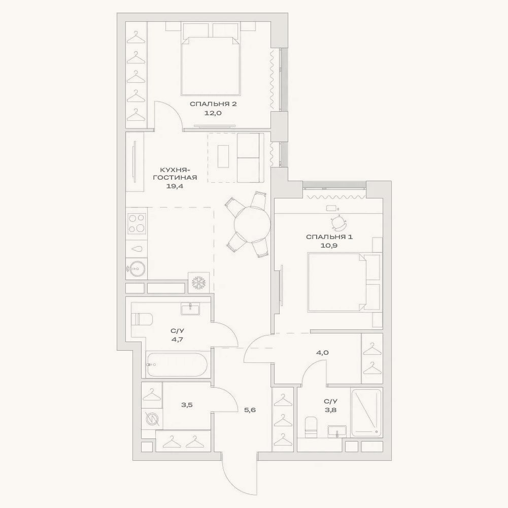 Планировка: 3-к, 63,9 м²