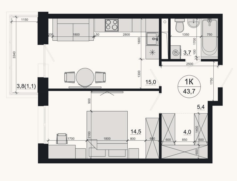 Планировка: 1-к, 42,6 м²