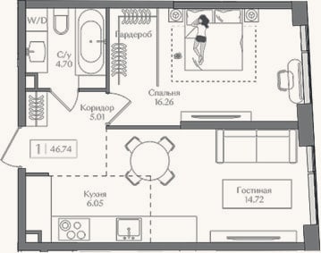 Планировка: 1-к, 46,7 м²