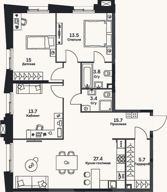 Планировка: 4+ к, 98,2 м²