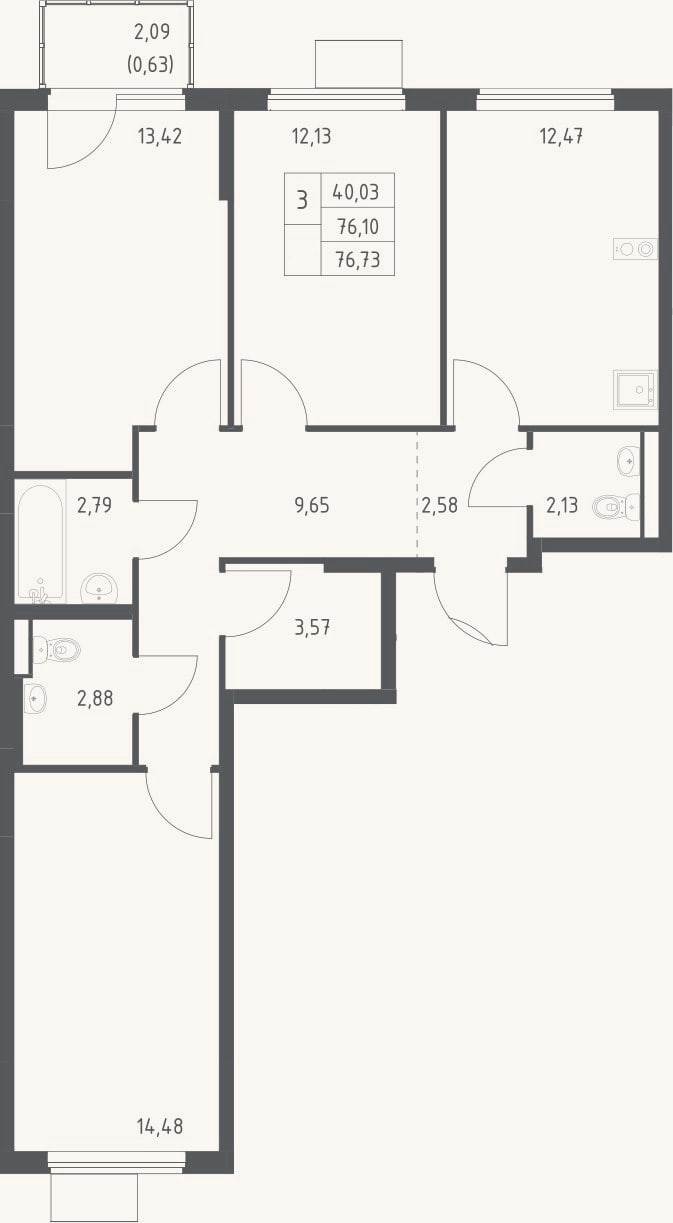 Планировка: 3-к, 76,1 м²