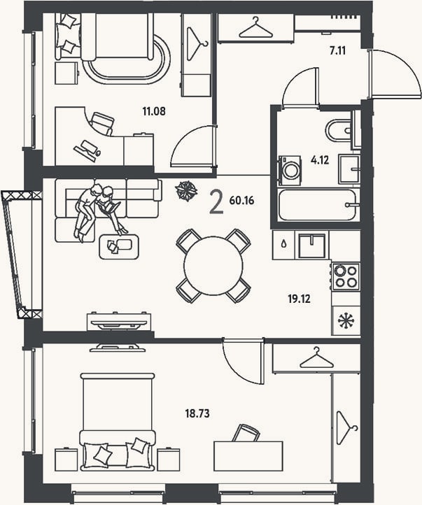 Планировка: 2-к, 60,2 м²