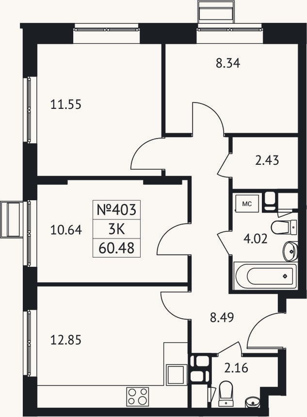Планировка: 3-к, 60,5 м²