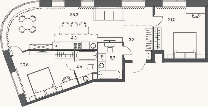 Планировка: 3-к, 94,7 м²