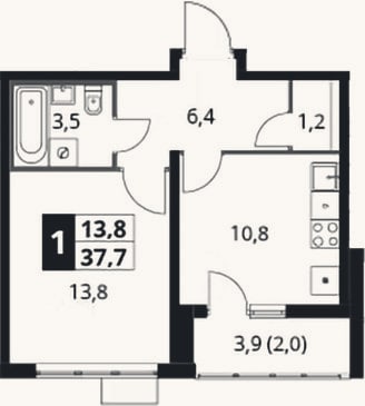 Планировка: 1-к, 35,7 м²