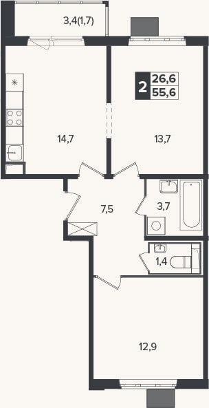 Планировка: 2-к, 53,9 м²