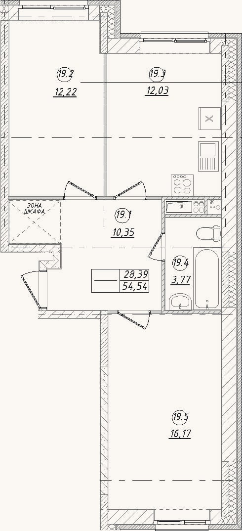 Планировка: 2-к, 54,5 м²