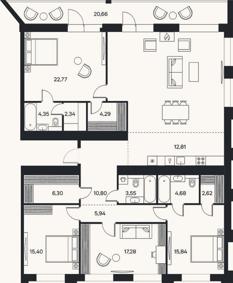 Планировка: 4+ к, 173,8 м²
