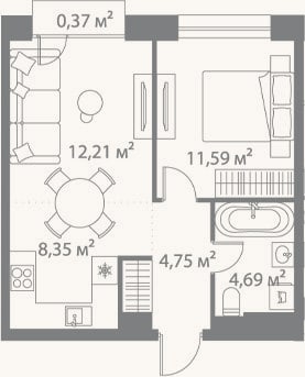 Планировка: 2-к, 41,6 м²