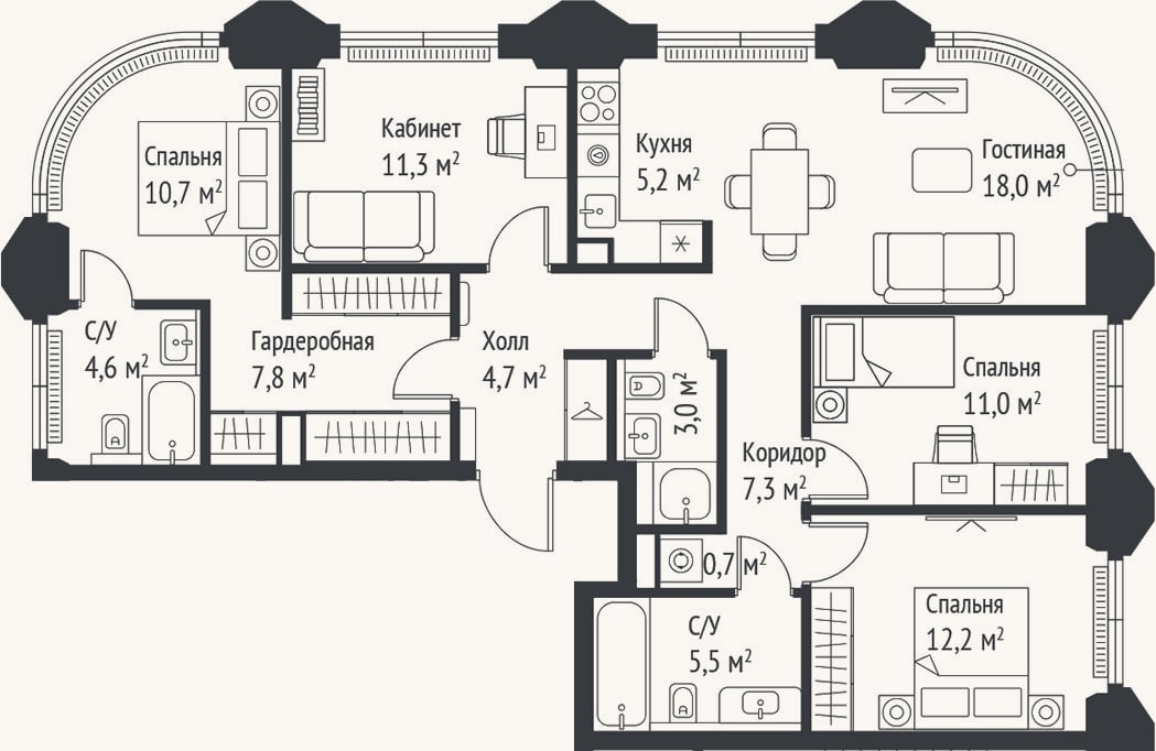 Планировка: 4+ к, 102,1 м²