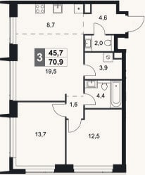 Планировка: 3-к, 70,9 м²