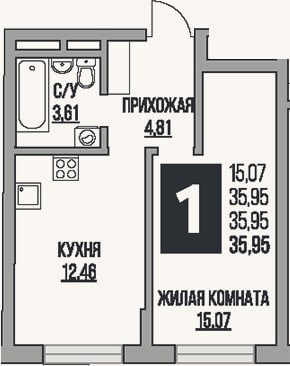 Планировка: 1-к, 36 м²