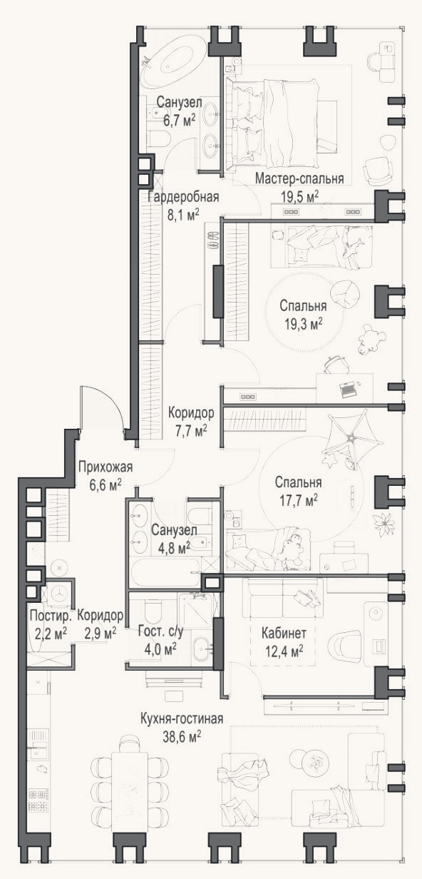 Планировка: 4+ к, 151,6 м²