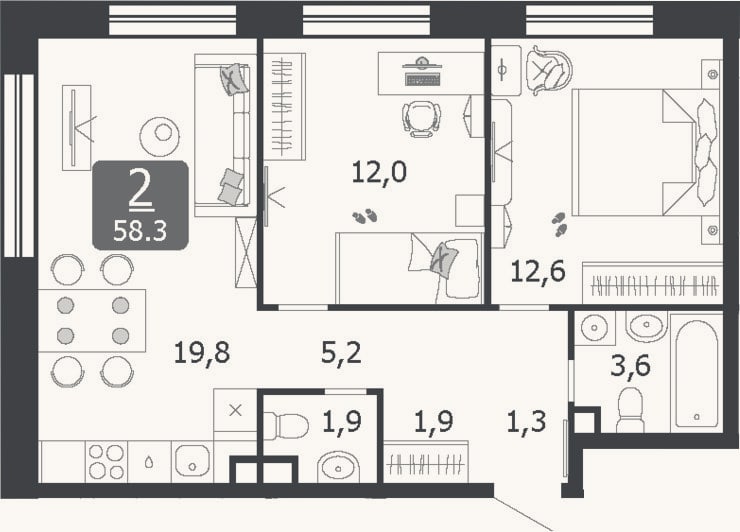Планировка: 3-к, 58,3 м²