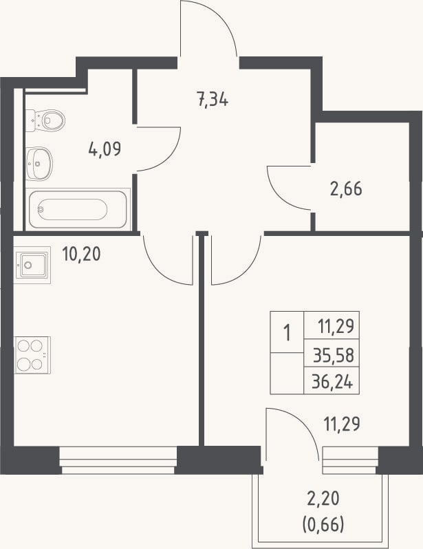 Планировка: 1-к, 35,6 м²