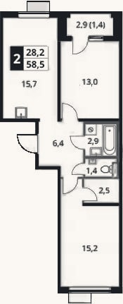 Планировка: 3-к, 57,1 м²