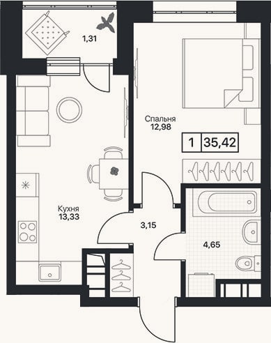 Планировка: 1-к, 34,1 м²