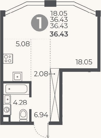 Планировка: Студия, 36,4 м²