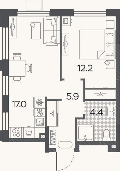 Планировка: 2-к, 39,5 м²