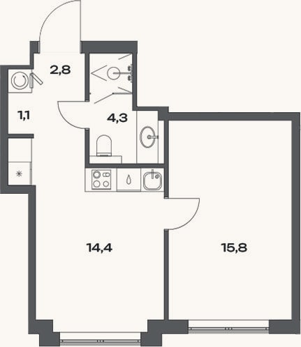 Планировка: 1-к, 38,4 м²
