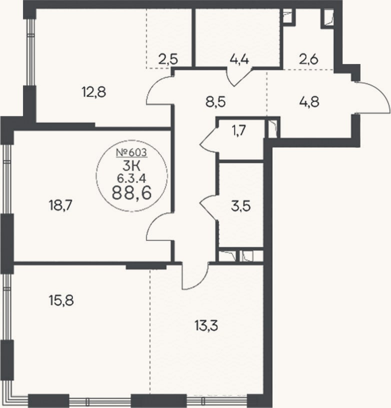 Планировка: 3-к, 88,6 м²
