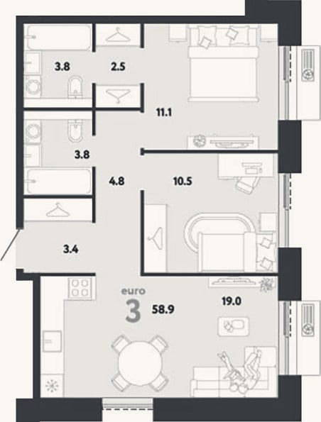Планировка: 3-к, 58,9 м²