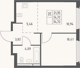 Планировка: 2-к, 34,7 м²