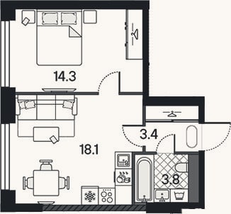 Планировка: 2-к, 39,6 м²