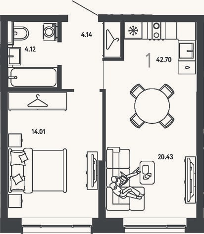Планировка: 1-к, 42,7 м²