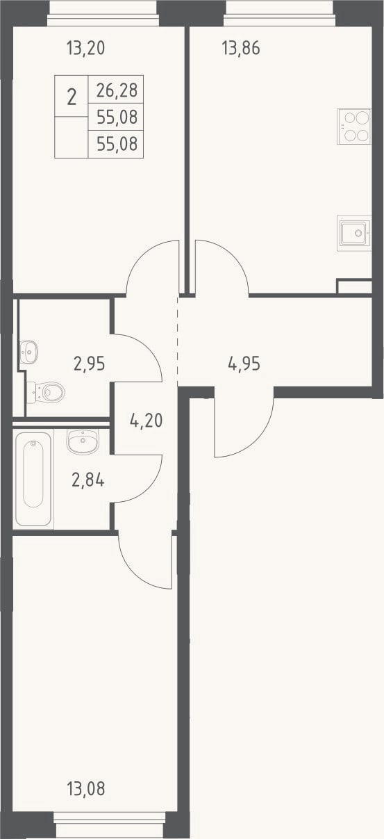 Планировка: 2-к, 55,1 м²