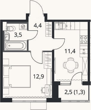 Планировка: 1-к, 32,1 м²
