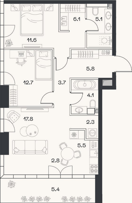Планировка: 3-к, 77,5 м²