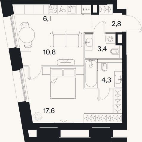 Планировка: 2-к, 43,9 м²