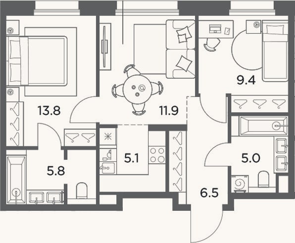 Планировка: 3-к, 57,5 м²