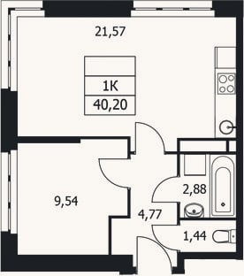 Планировка: 1-к, 40,2 м²