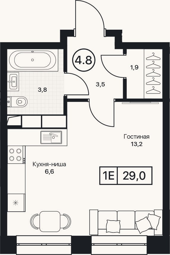 Планировка: Студия, 29 м²