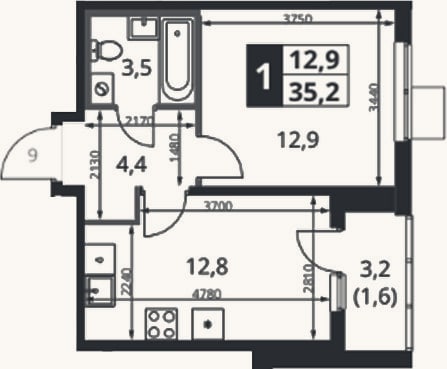 Планировка: 1-к, 34,2 м²