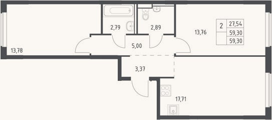 Планировка: 3-к, 59,3 м²