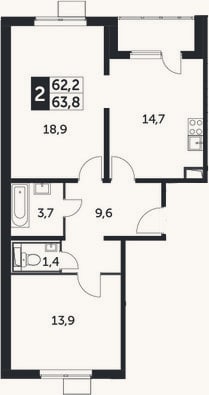 Планировка: 2-к, 62,2 м²