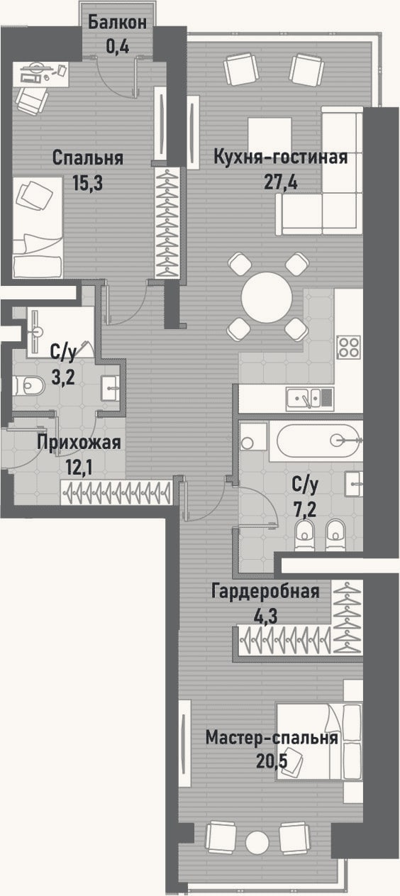 Планировка: 3-к, 93,2 м²