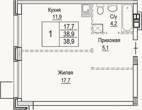 Планировка: 1-к, 38,9 м²