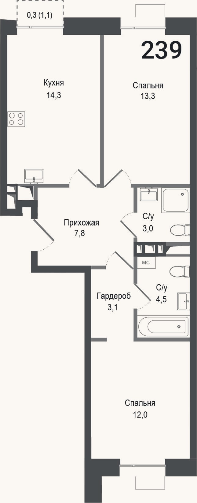 Планировка: 2-к, 58 м²