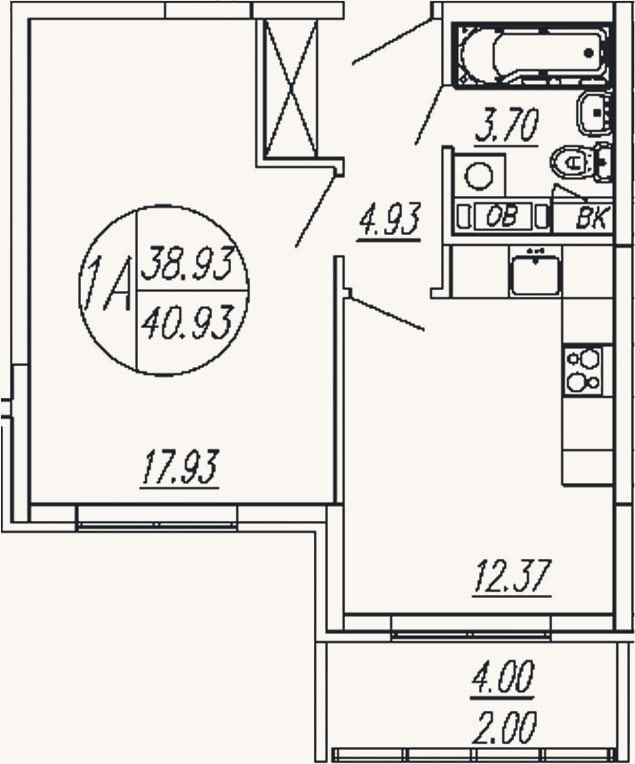 Планировка: 1-к, 38,9 м²