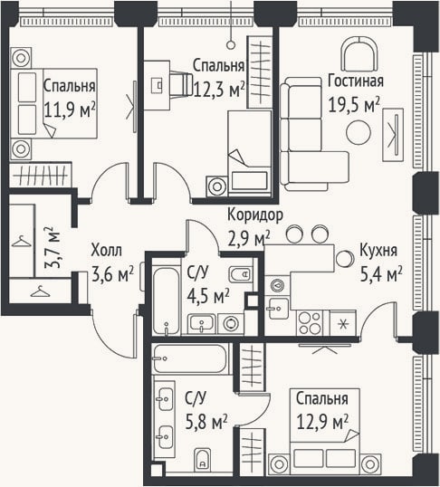 Планировка: 4+ к, 82,4 м²