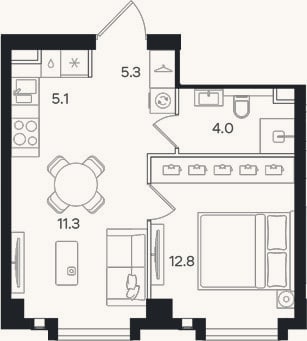 Планировка: 2-к, 38,5 м²
