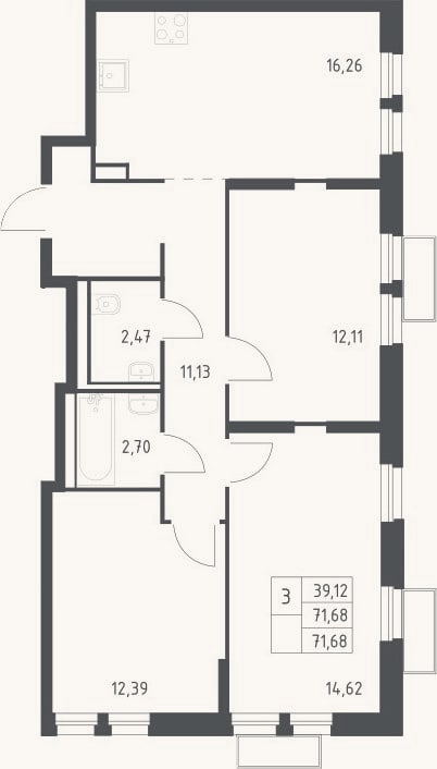 Планировка: 3-к, 71,7 м²